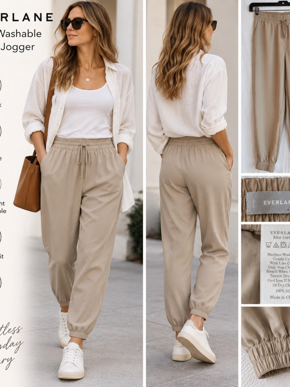 Everlane The Washable Silk Jogger Pants Size L Beige Tan 100% Silk Pull-On